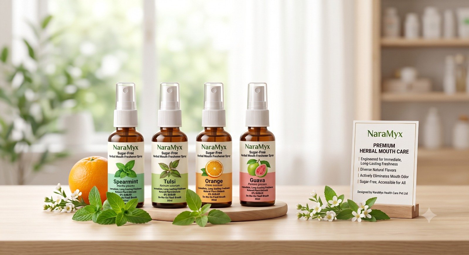 NaraMyx Sugar-Free Herbal Mouth Freshener Sprays in Spearmint, Tulsi, Orange, and Guava